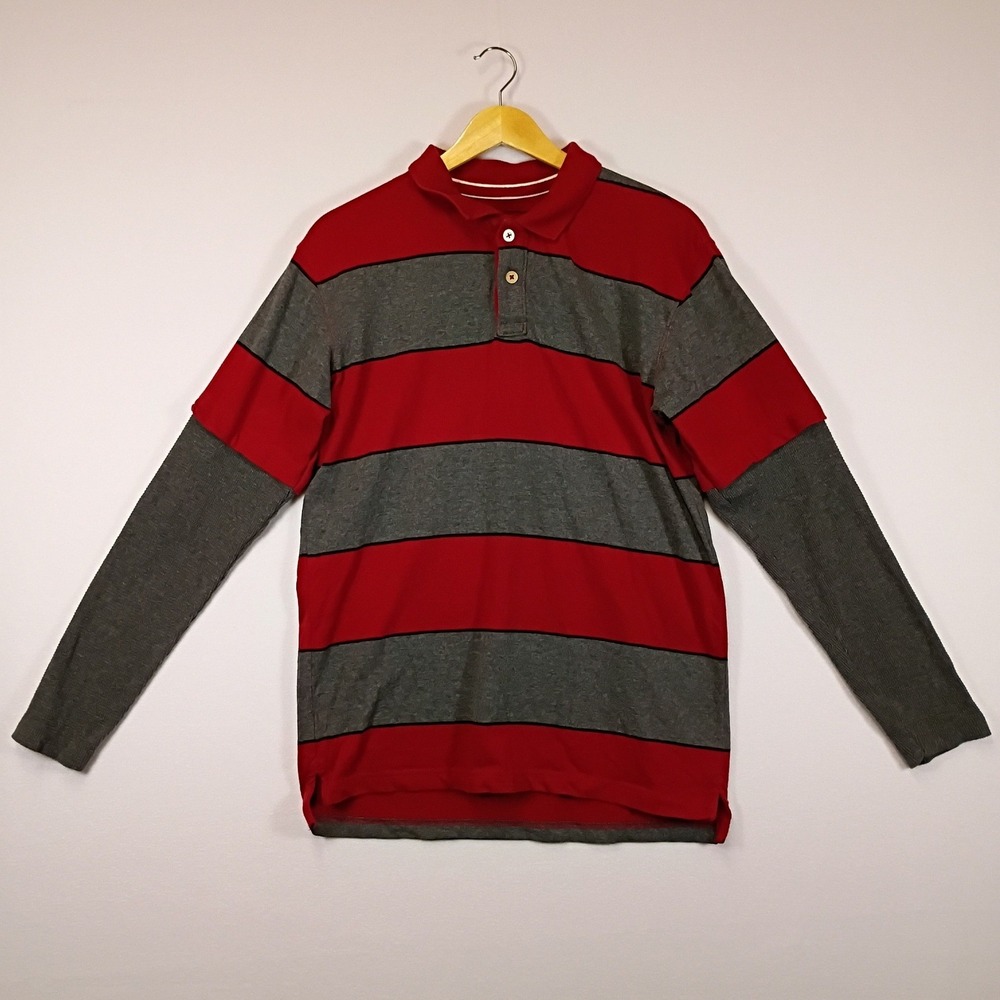 Skater Grunge Urban Pipeline Mens XL Red Gray Striped Layered Long Sleeve Polo